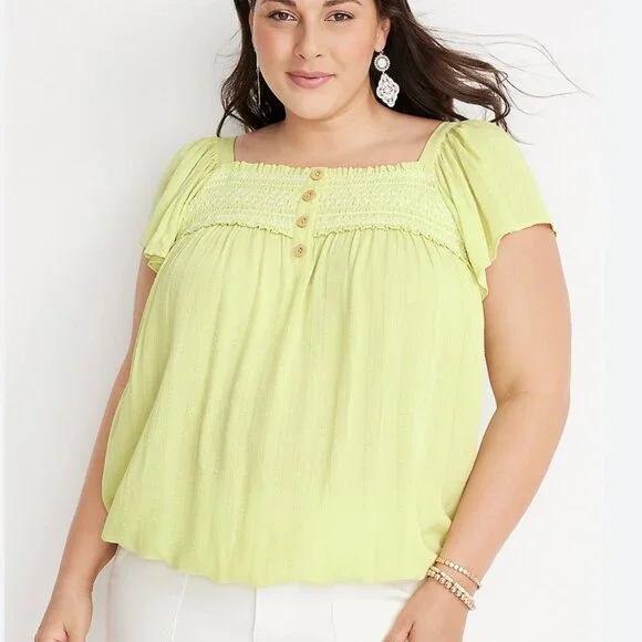 Maurices Top Women 2X Light Green Smocked Ruffle Split Neck Flutter Sleeve Boho - Picture 1 of 14